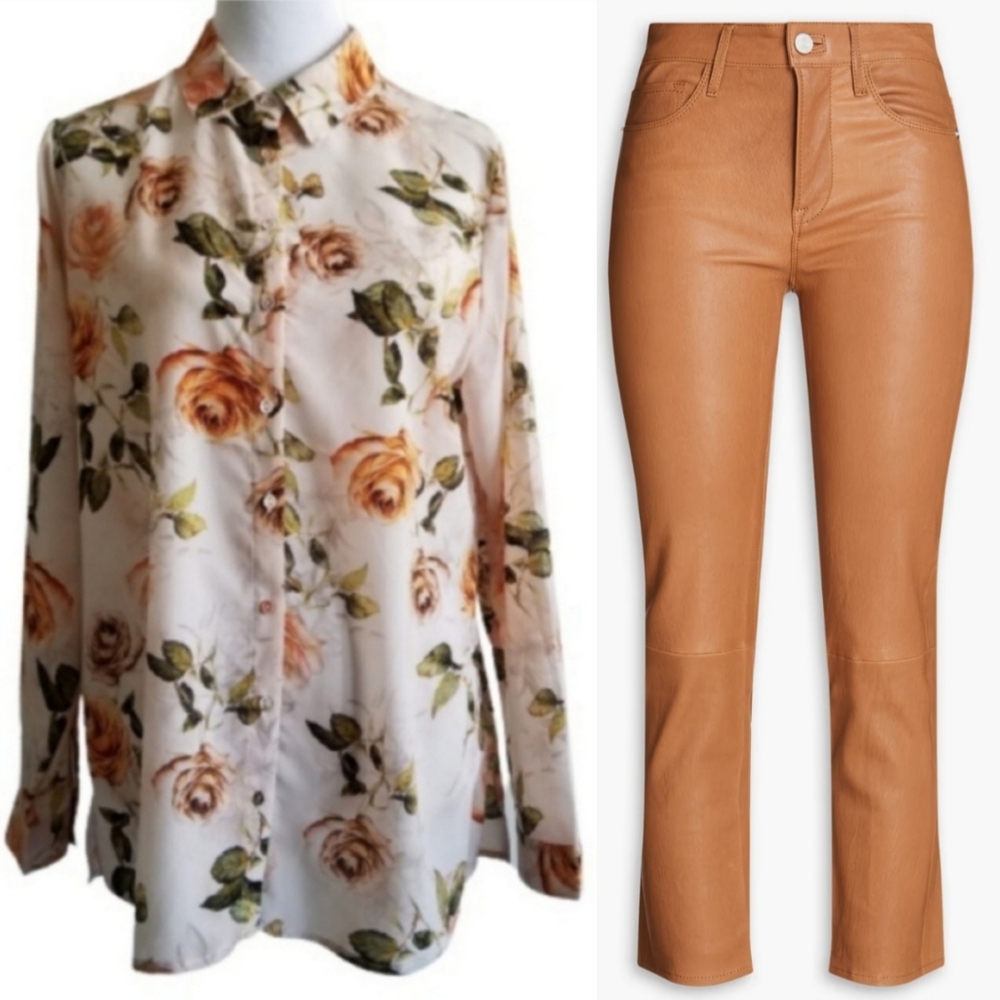 🆕️⬇️Joan Vass Blush Falling Rose Floral Print Button-Down Shirt
